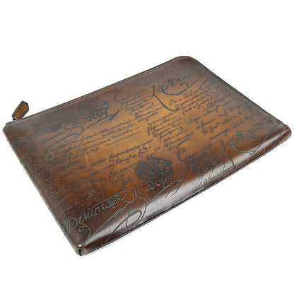 Berluti Brown Leather Nino GM Scritto Calligraphy Clutch Bag