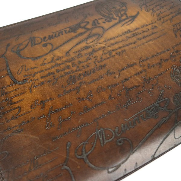 Berluti Brown Leather Nino GM Scritto Calligraphy Clutch Bag