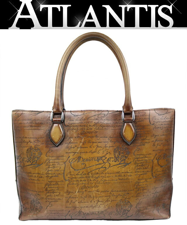 Berluti Toujours Scritto Calligraphy Leather Tote Bag Brown
