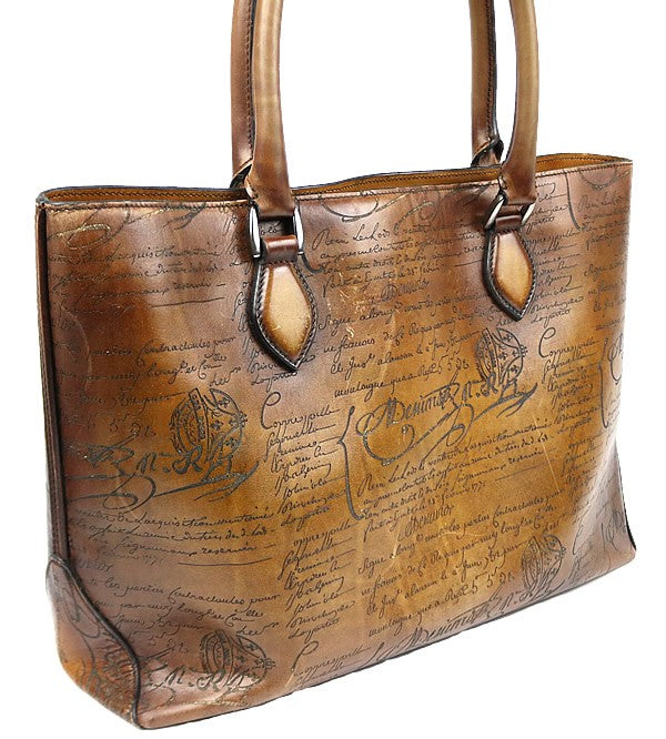 Berluti Toujours Scritto Calligraphy Leather Tote Bag Brown