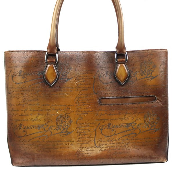 Berluti Toujours Scritto Calligraphy Leather Tote Bag Brown