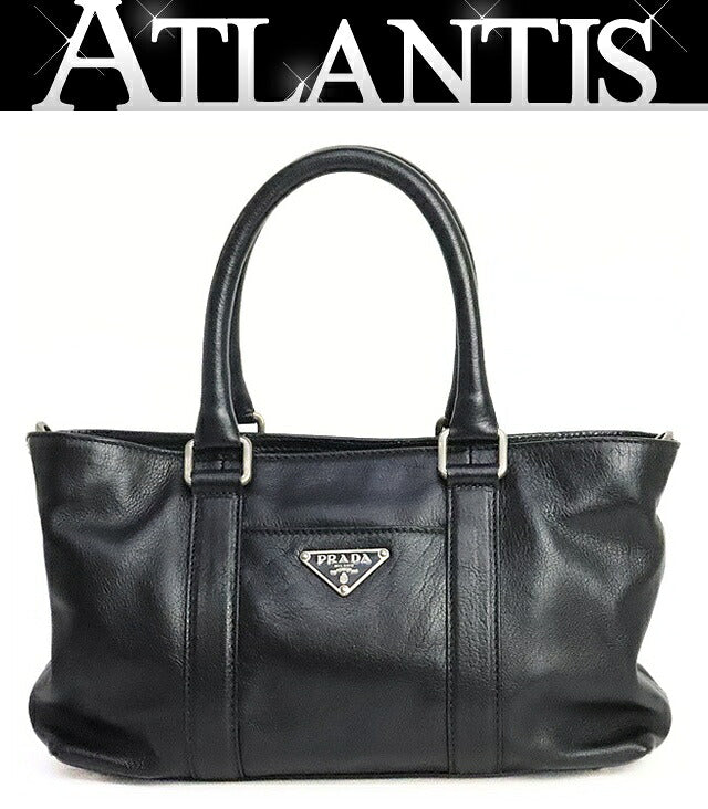 PRADA Triangle Logo Leather Tote Bag Black