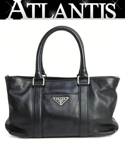 PRADA Triangle Logo Leather Tote Bag Black