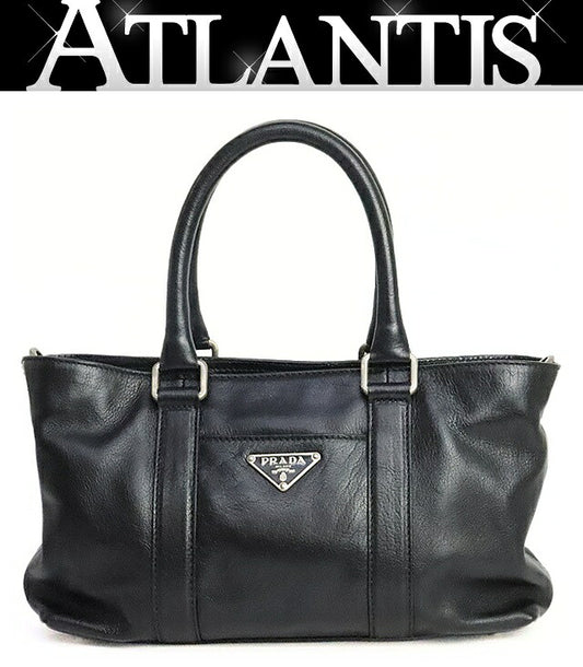 PRADA Triangle Logo Leather Tote Bag Black