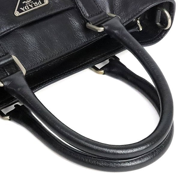 PRADA Triangle Logo Leather Tote Bag Black