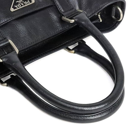 PRADA Triangle Logo Leather Tote Bag Black