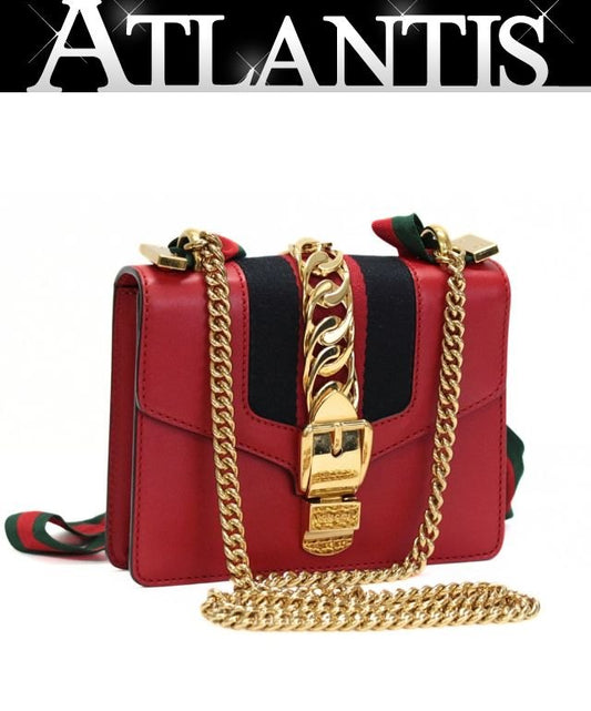 GUCCI Sylvie Sherry Line Leather Bag Red