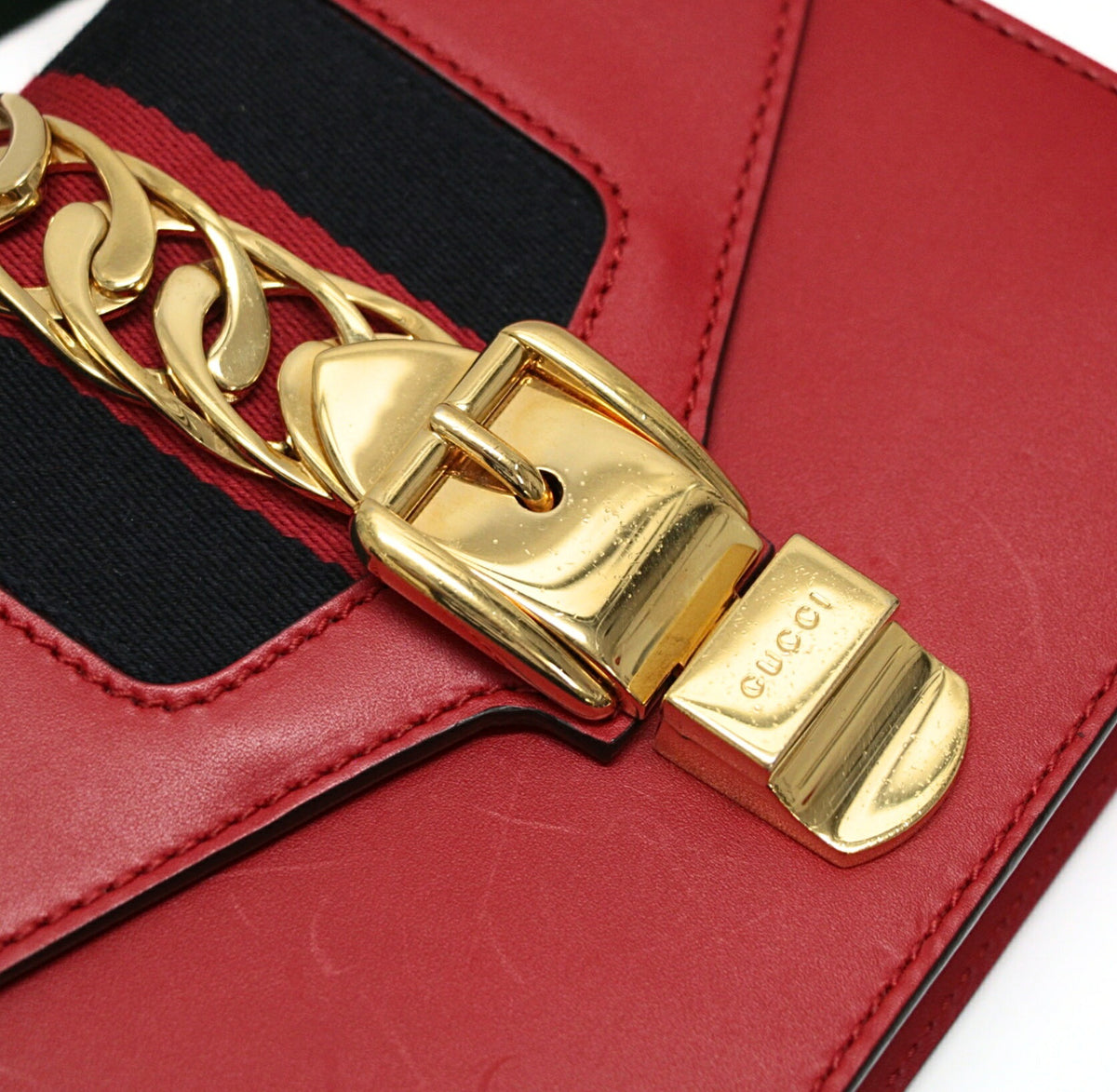 GUCCI Sylvie Sherry Line Leather Bag Red