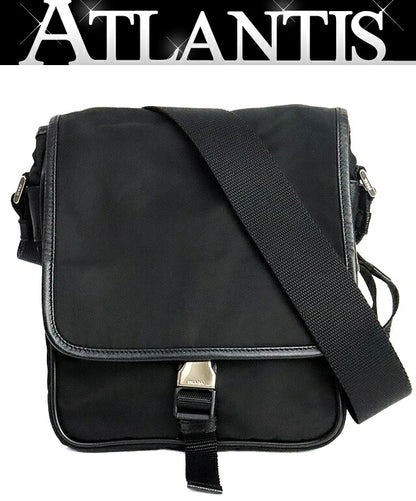 PRADA Triangle Logo Nylon Flap Shoulder Bag Black