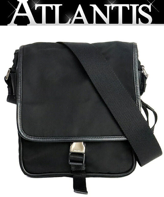 PRADA Triangle Logo Nylon Flap Shoulder Bag Black