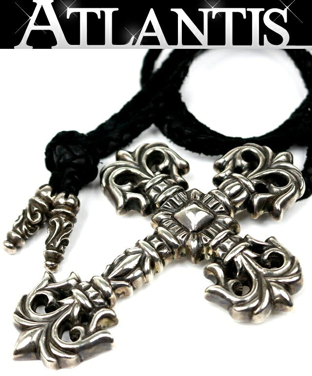CHROME HEARTS Large Filigree Cross Leather Braid Necklace