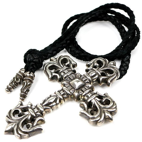 CHROME HEARTS Large Filigree Cross Leather Braid Necklace