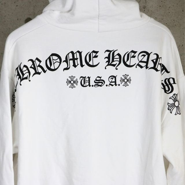 CHROME HEARTS Arch Logo T-Bar Zip Hoodie White Cotton Size L