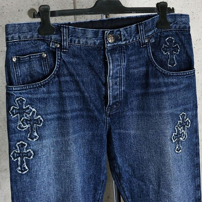 CHROME HEARTS Blue Cross Patch Denim Jeans Size 38