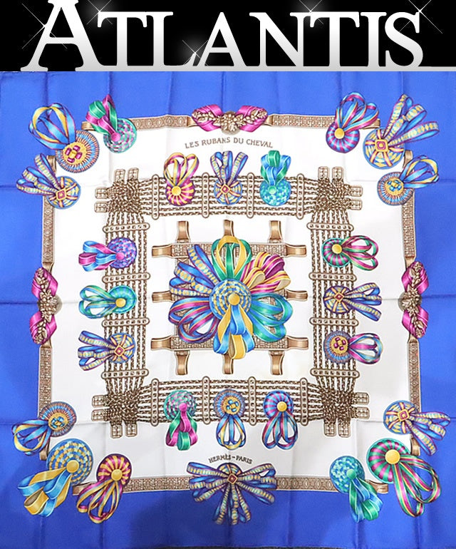 HERMES Carre 90 Les Rubans du Scarf Blue