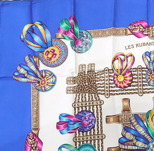 HERMES Carre 90 Les Rubans du Scarf Blue