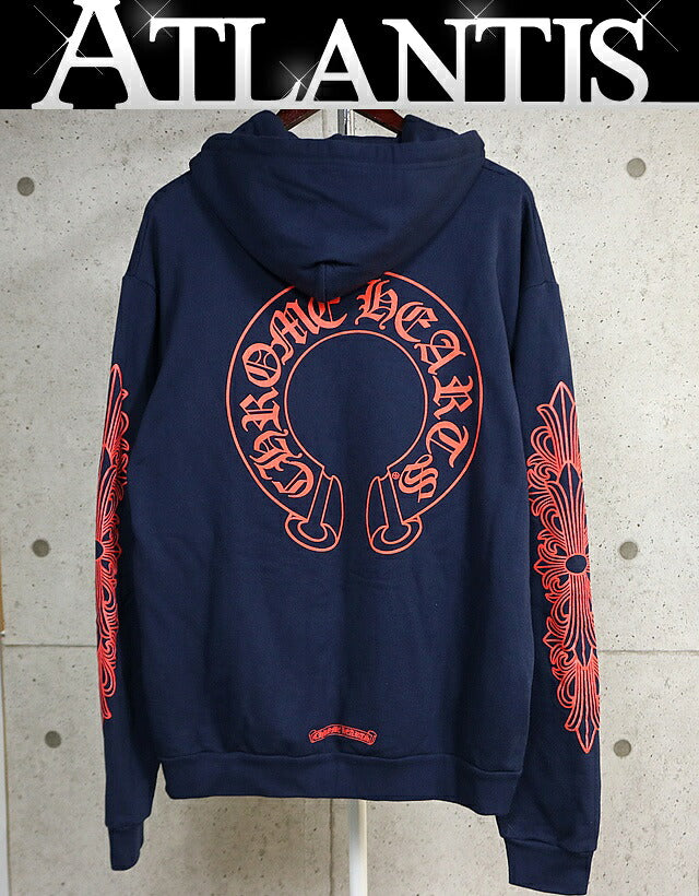 CHROME HEARTS Horseshoe Floral Cross Hoodie Navy Blue Size M