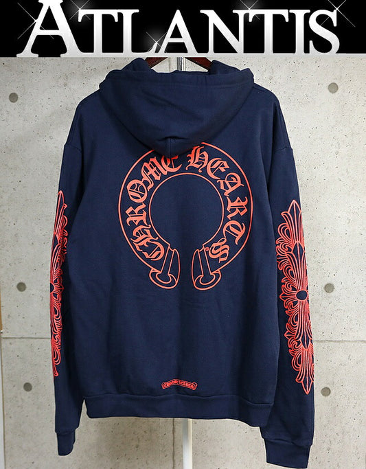 CHROME HEARTS Horseshoe Floral Cross Hoodie Navy Blue Size M