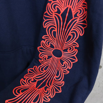 CHROME HEARTS Horseshoe Floral Cross Hoodie Navy Blue Size M