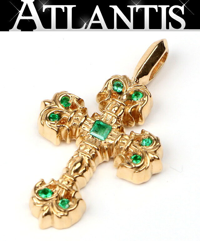 CHROME HEARTS 22K Tiny Filigree Cross Pave Emerald Pendant