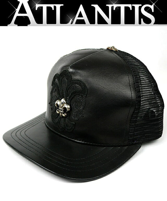 CHROME HEARTS BS Fleur on BS Fleur Leather Trucker Cap Black