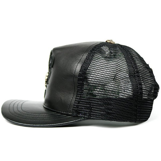 CHROME HEARTS BS Fleur on BS Fleur Leather Trucker Cap Black