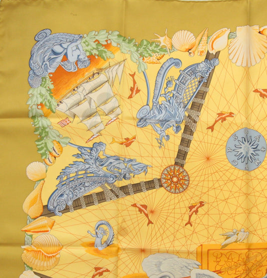 HERMES Carre 90 Balade Oceane Scarf Yellow