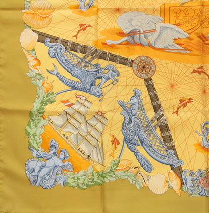 HERMES Carre 90 Balade Oceane Scarf Yellow