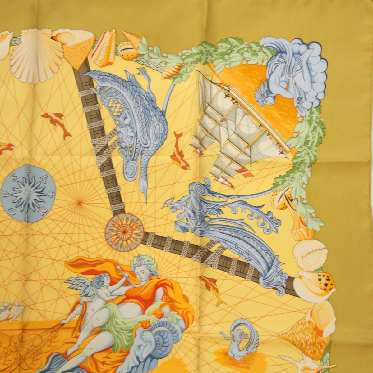 HERMES Carre 90 Balade Oceane Scarf Yellow