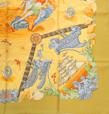 HERMES Carre 90 Balade Oceane Scarf Yellow