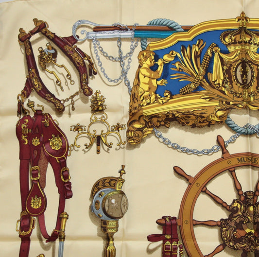 HERMES Carre 90 Musee Silk Scarf Beige