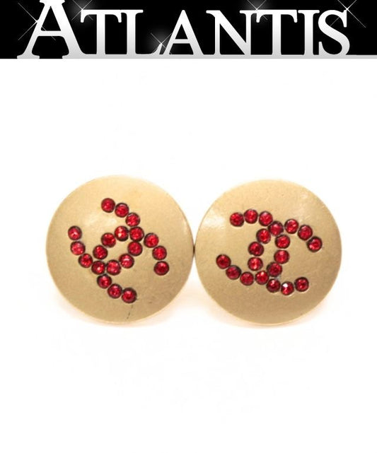 CHANEL Coco Mark Round Red Earrings Gold