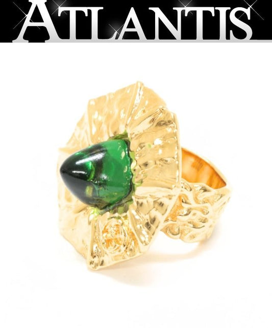 GUCCI Green Stone Metal Ring Gold Size JP 14