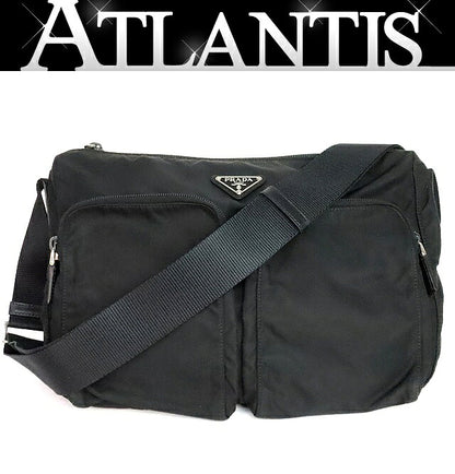 PRADA Triangle Logo Double Pocket Nylon Leather Bag Black