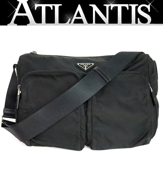 PRADA Triangle Logo Double Pocket Nylon Leather Bag Black