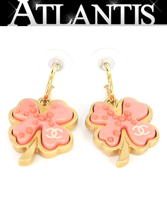 CHANEL Clover Metal Plastic Gold Pink Earrings