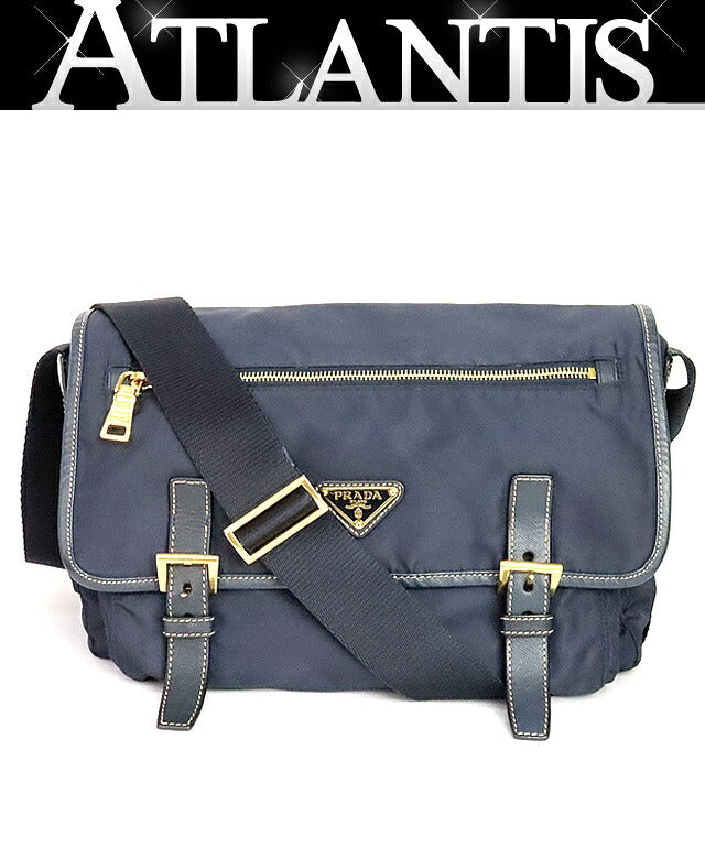 PRADA Triangle Logo Nylon Saffiano Messenger Bag Navy