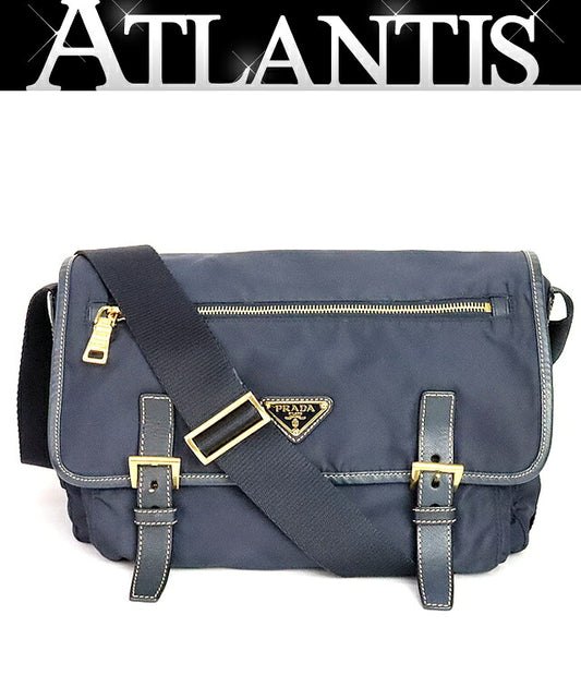 PRADA Triangle Logo Nylon Saffiano Messenger Bag Navy