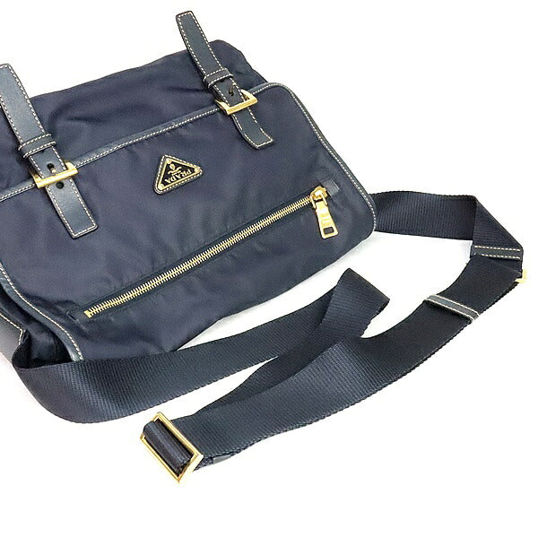 PRADA Triangle Logo Nylon Saffiano Messenger Bag Navy