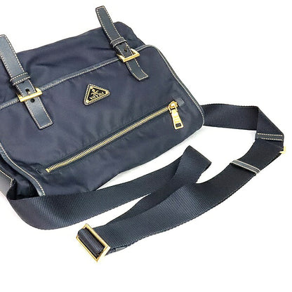 PRADA Triangle Logo Nylon Saffiano Messenger Bag Navy