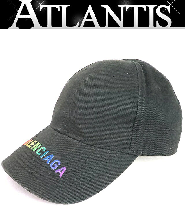 BALENCIAGA Black Cotton Rainbow Logo Baseball Cap Size L