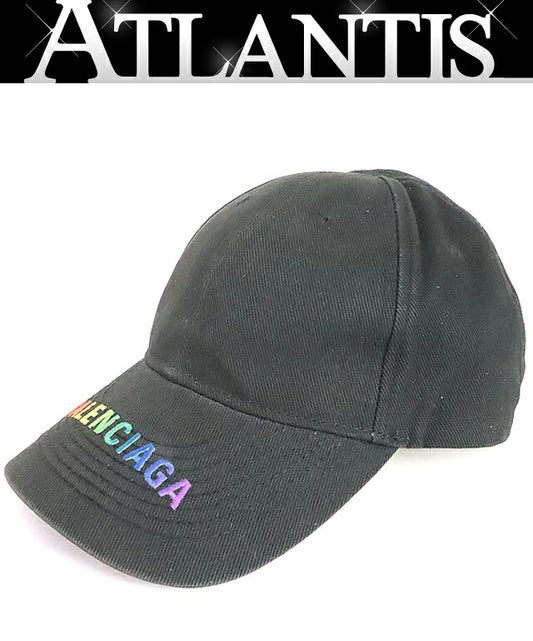 BALENCIAGA Black Cotton Rainbow Logo Baseball Cap Size L