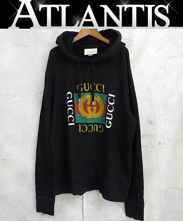 GUCCI Vintage Logo Cotton Hoodie Black Size L