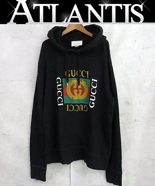 GUCCI Vintage Logo Cotton Hoodie Black Size L