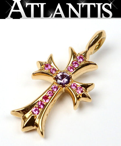 CHROME HEARTS 22K Tiny Fat Cross Pave Pink Pendant Gold
