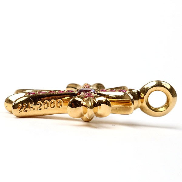CHROME HEARTS 22K Tiny Fat Cross Pave Pink Pendant Gold