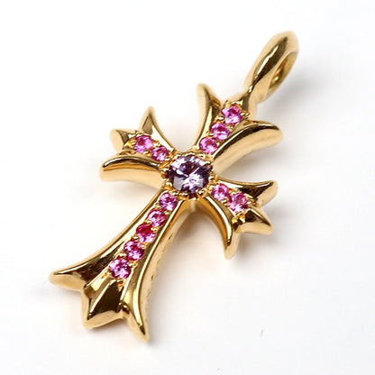 CHROME HEARTS 22K Tiny Fat Cross Pave Pink Pendant Gold