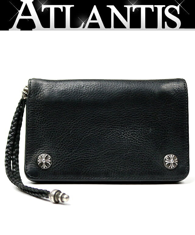 CHROME HEARTS Cross Button 2-Zip Strap Leather Wallet Black