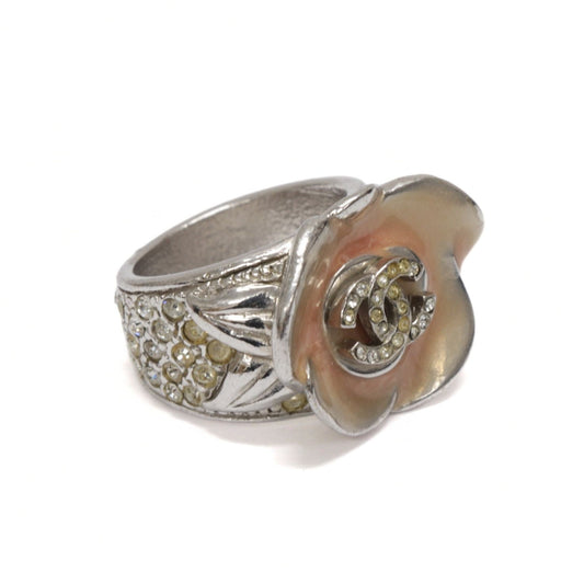 CHANEL Coco Mark Camellia Ring Silver Tone Size JP 12