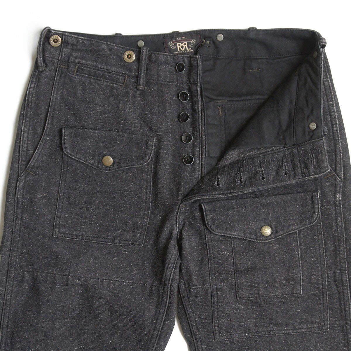 RRL Nep Black Denim Bush Pants Suspender Buttons Size 28